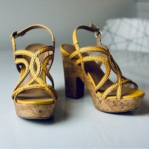 Sun Stone Nadiya Yellow Braided Cork Platform Block Heel Sandals w/ Buckle SZ 6M